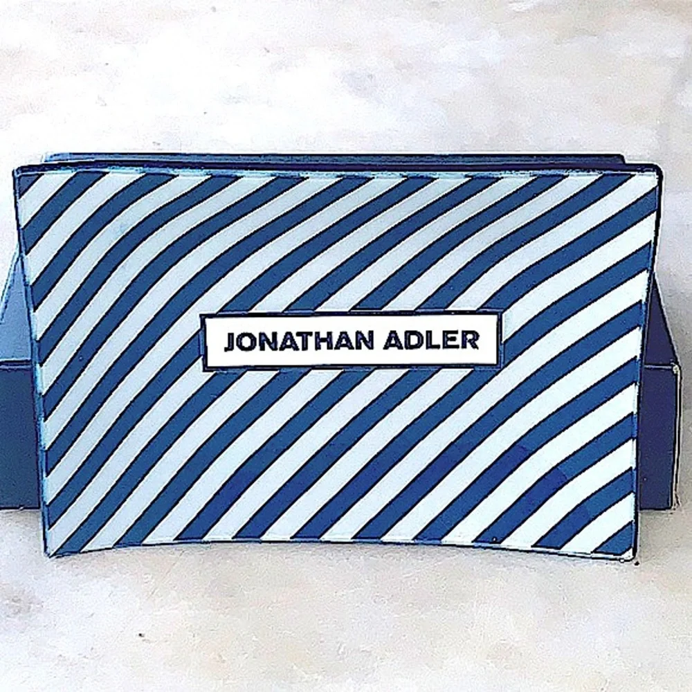 JOHNATHON ADLER GLASS CATCHALL TRAY NAVY STRIPING NIB 6 BY 4